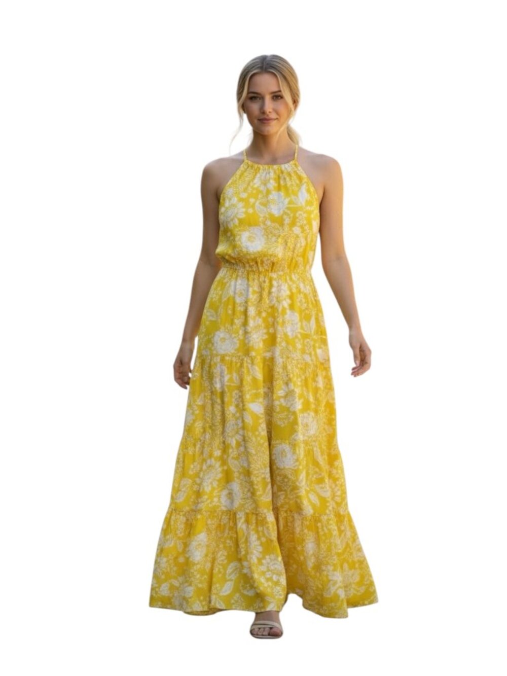 NWT Aakaa Yellow Floral Halter Maxi Dress Women's S Boho Open Back Summer
